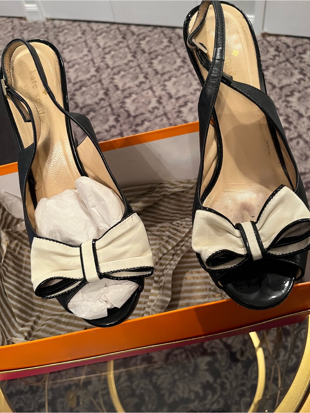 kate spade Black and Cream Bow Peep-Toe Slingback Heels